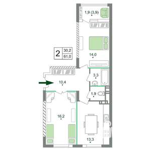 2-к квартира, вторичка, 61м2, 17/19 этаж