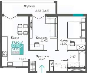 2-к квартира, строящийся дом, 54м2, 2/9 этаж