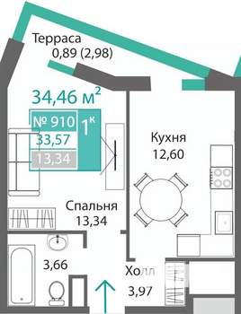 1-к квартира, строящийся дом, 34м2, 9/9 этаж