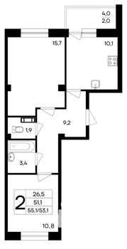 2-к квартира, строящийся дом, 55м2, 3/9 этаж