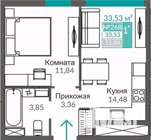 1-к квартира, строящийся дом, 34м2, 3/9 этаж