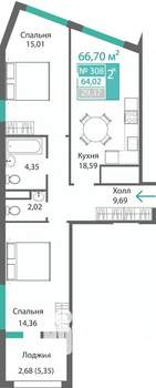 2-к квартира, строящийся дом, 67м2, 3/9 этаж