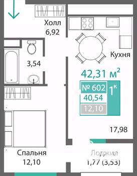 1-к квартира, строящийся дом, 42м2, 6/9 этаж