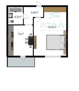 1-к квартира, вторичка, 40м2, 6/9 этаж