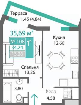 1-к квартира, строящийся дом, 36м2, 1/9 этаж