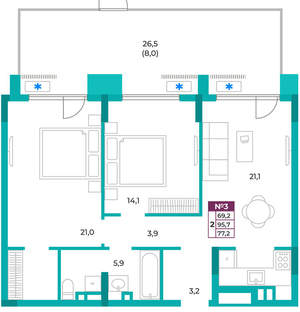 2-к квартира, вторичка, 77м2, 1/9 этаж