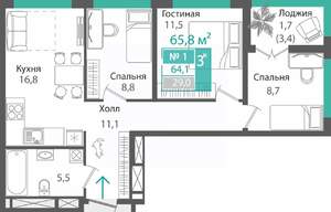 3-к квартира, строящийся дом, 64м2, 13/16 этаж