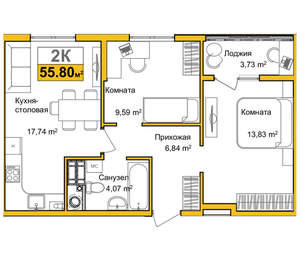 2-к квартира, сданный дом, 52м2, 5/10 этаж