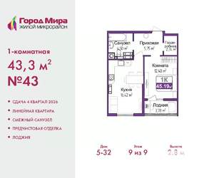 1-к квартира, вторичка, 43м2, 9/9 этаж