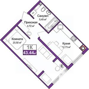 1-к квартира, вторичка, 43м2, 1/9 этаж