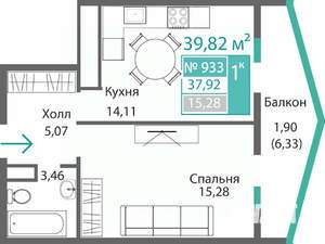 1-к квартира, строящийся дом, 40м2, 9/9 этаж