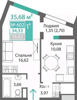 1-к квартира, строящийся дом, 36м2, 6/9 этаж