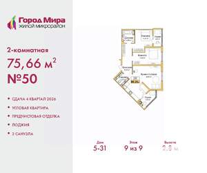 2-к квартира, вторичка, 76м2, 9/9 этаж