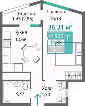 1-к квартира, строящийся дом, 36м2, 5/9 этаж