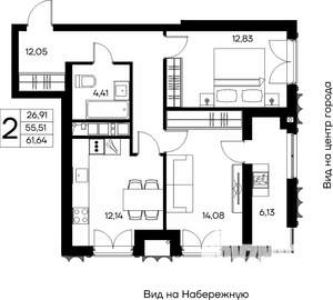 2-к квартира, строящийся дом, 62м2, 8/16 этаж