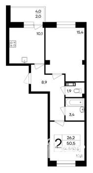 2-к квартира, строящийся дом, 55м2, 7/9 этаж