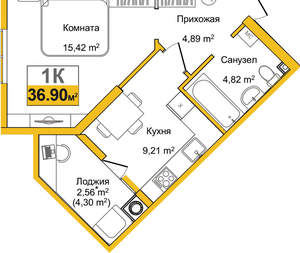 1-к квартира, вторичка, 37м2, 1/9 этаж
