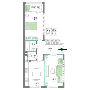 2-к квартира, вторичка, 61м2, 17/19 этаж