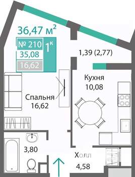 1-к квартира, строящийся дом, 36м2, 2/9 этаж