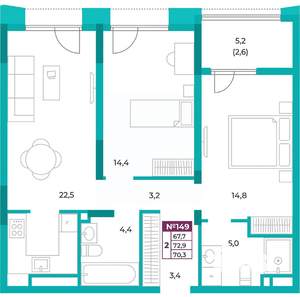 2-к квартира, вторичка, 70м2, 18/20 этаж