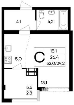 Студия квартира, строящийся дом, 32м2, 6/9 этаж