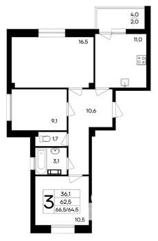 3-к квартира, строящийся дом, 67м2, 5/9 этаж