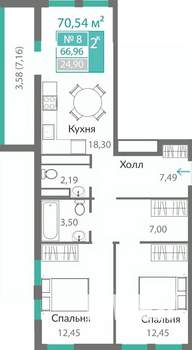 2-к квартира, строящийся дом, 67м2, 2/8 этаж