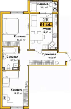 2-к квартира, сданный дом, 60м2, 5/9 этаж