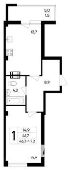 1-к квартира, строящийся дом, 47м2, 6/9 этаж