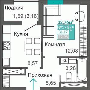 1-к квартира, строящийся дом, 31м2, 9/9 этаж