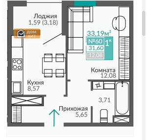 1-к квартира, вторичка, 33м2, 9/9 этаж