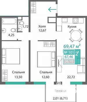 2-к квартира, строящийся дом, 69м2, 1/9 этаж