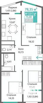 3-к квартира, строящийся дом, 78м2, 3/9 этаж