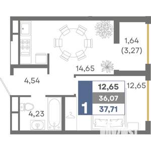 1-к квартира, вторичка, 38м2, 12/16 этаж