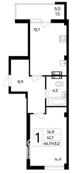 1-к квартира, строящийся дом, 47м2, 6/9 этаж