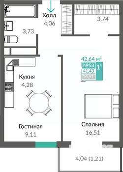 1-к квартира, строящийся дом, 43м2, 8/12 этаж