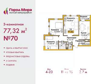 3-к квартира, вторичка, 77м2, 6/16 этаж