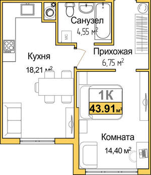 1-к квартира, вторичка, 44м2, 1/9 этаж