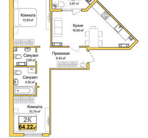 2-к квартира, вторичка, 62м2, 6/16 этаж