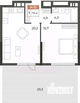 1-к квартира, вторичка, 74м2, 1/8 этаж
