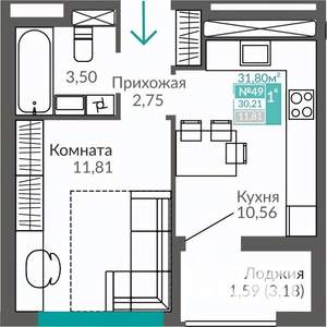 1-к квартира, строящийся дом, 30м2, 7/9 этаж