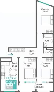 3-к квартира, строящийся дом, 79м2, 7/9 этаж