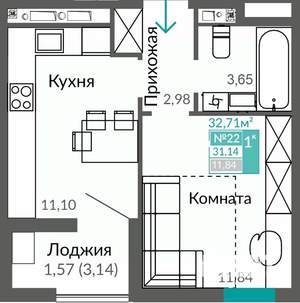 1-к квартира, строящийся дом, 31м2, 4/7 этаж