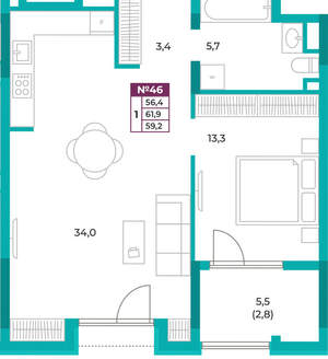 1-к квартира, вторичка, 59м2, 7/16 этаж