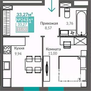 1-к квартира, строящийся дом, 33м2, 1/9 этаж