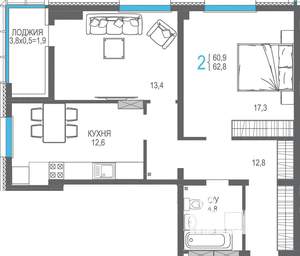 2-к квартира, строящийся дом, 67м2, 8/16 этаж