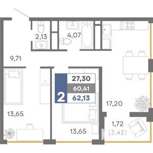2-к квартира, вторичка, 62м2, 9/16 этаж