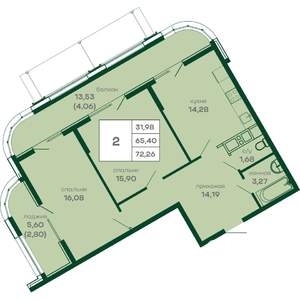 2-к квартира, вторичка, 72м2, 13/16 этаж