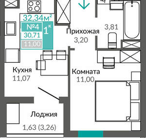 1-к квартира, вторичка, 31м2, 2/9 этаж