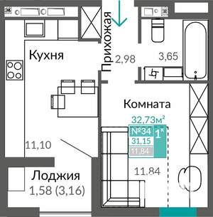 1-к квартира, строящийся дом, 31м2, 6/7 этаж